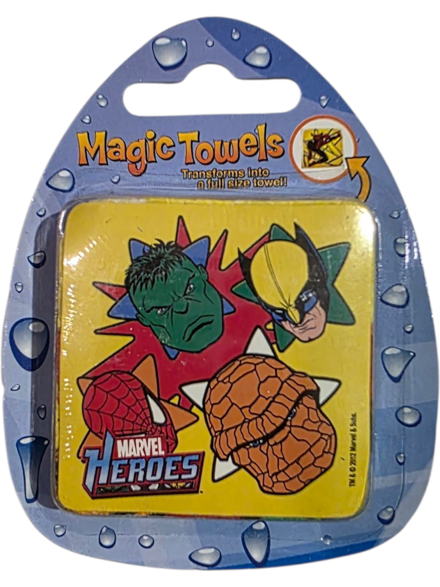 Magic Towels Marvel Heroes collectible in original unopened packaging featuring Hulk, Wolverine, Spider-Man, and The Thing designs