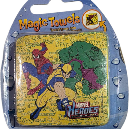 Magic Towels original packaging Marvel Heroes collectible textile towel with Spider-Man, Wolverine, and Hulk design