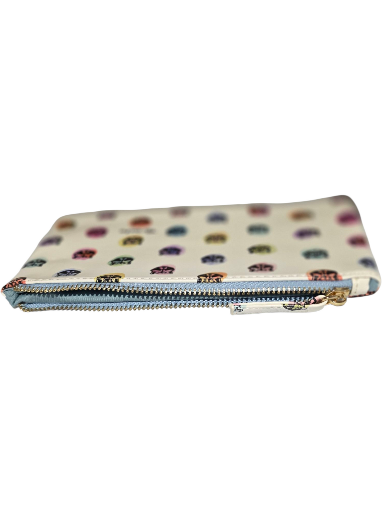 Colorful patterned zippered pouch in cream, perfect for accessories or cosmetics.