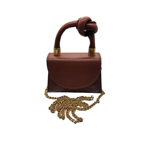 Mini Brown Leather Handbag with Knot Handle and Gold Chain