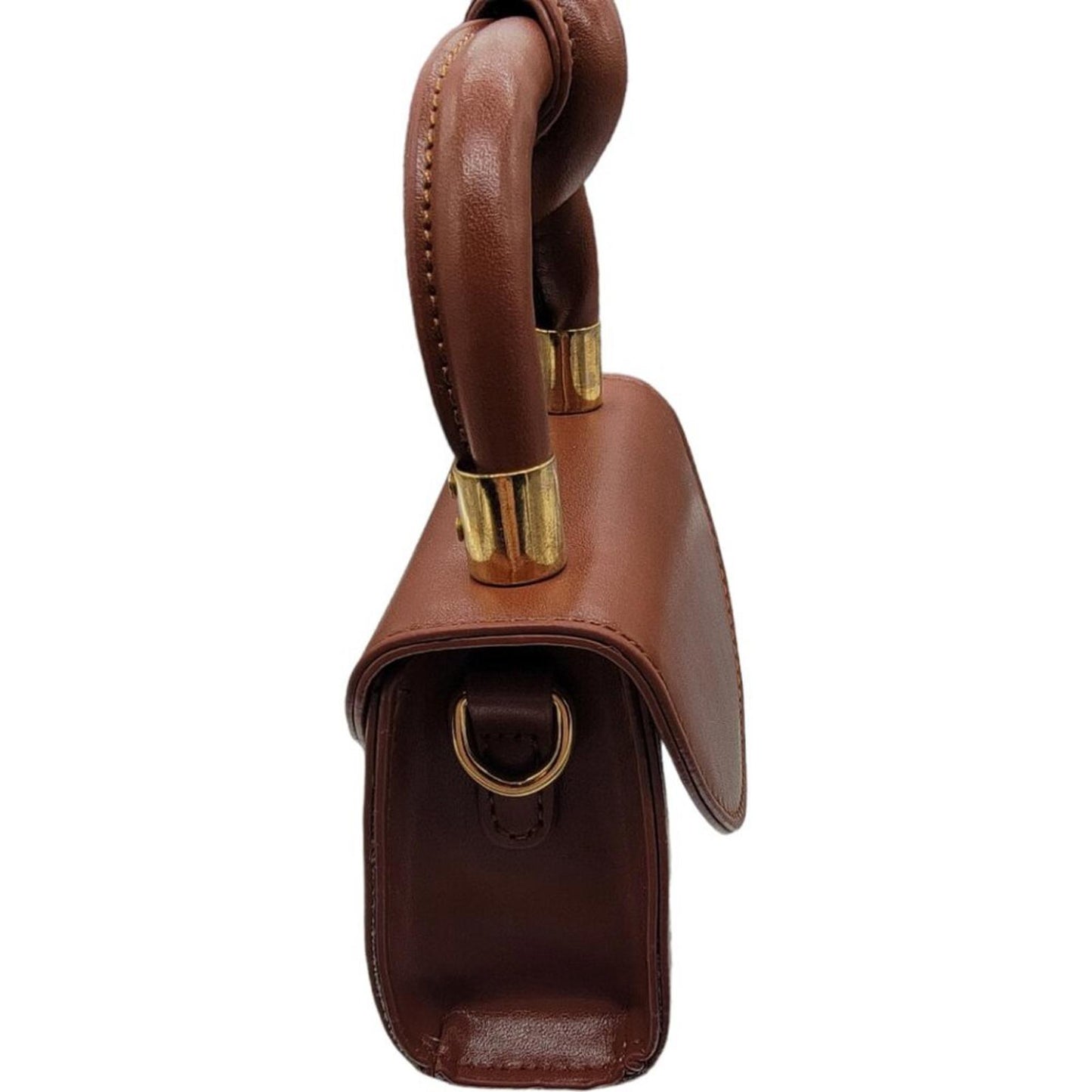 Mini Brown Leather Handbag with Knot Handle and Gold Chain