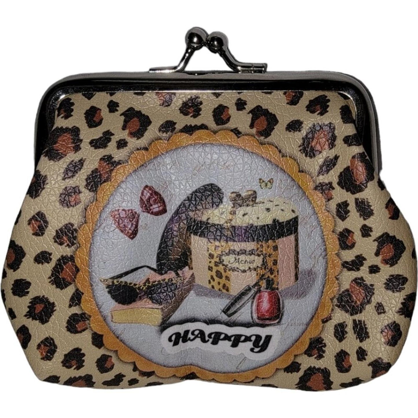 Leopard Print Coin Purse with Happy Design