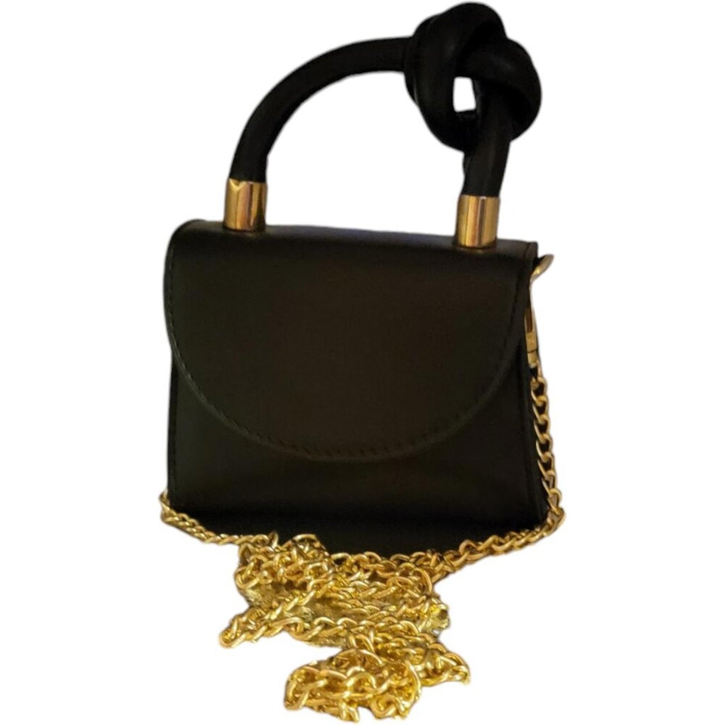 Black Mini Handbag with Knotted Handle and Gold Chain Strap