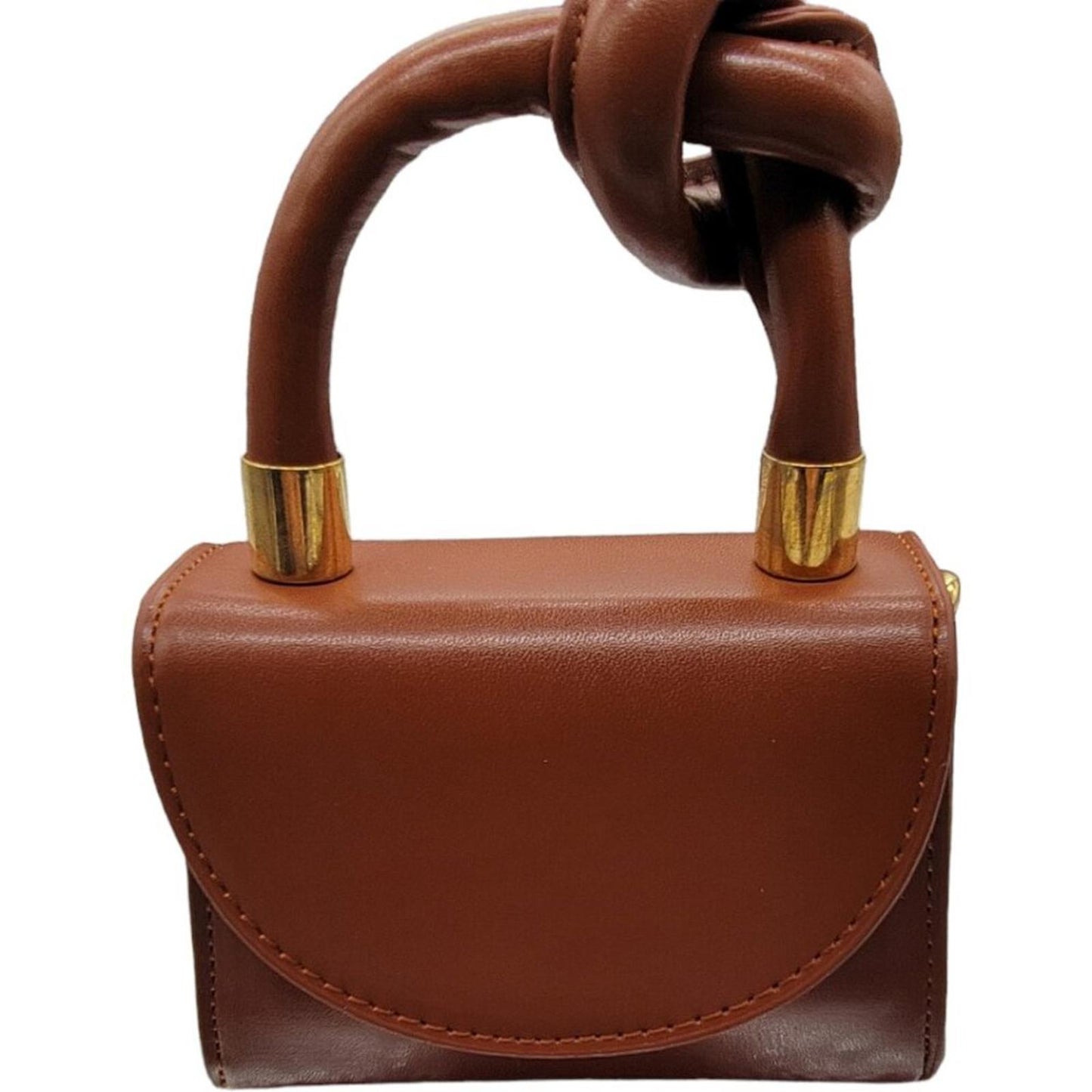 Mini Brown Leather Handbag with Knot Handle and Gold Chain
