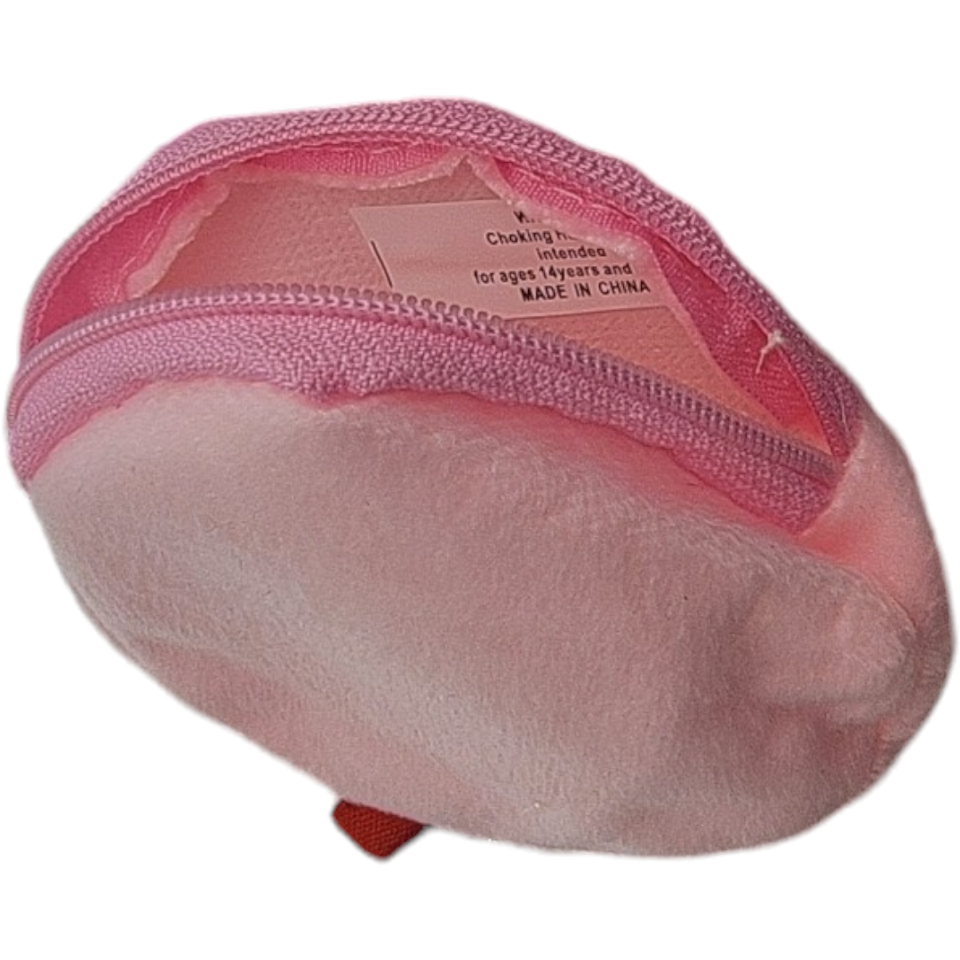 Child small item holder in soft pink plush fabric with zipper closure, ideal for storing beads, coins, or tiny toys in pretend play activities.