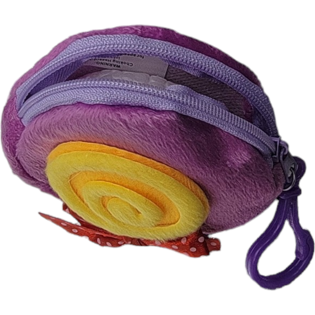 Side angle of purple plush child small item holder with visible zipper and swirl design, ideal for organizing small treasures.