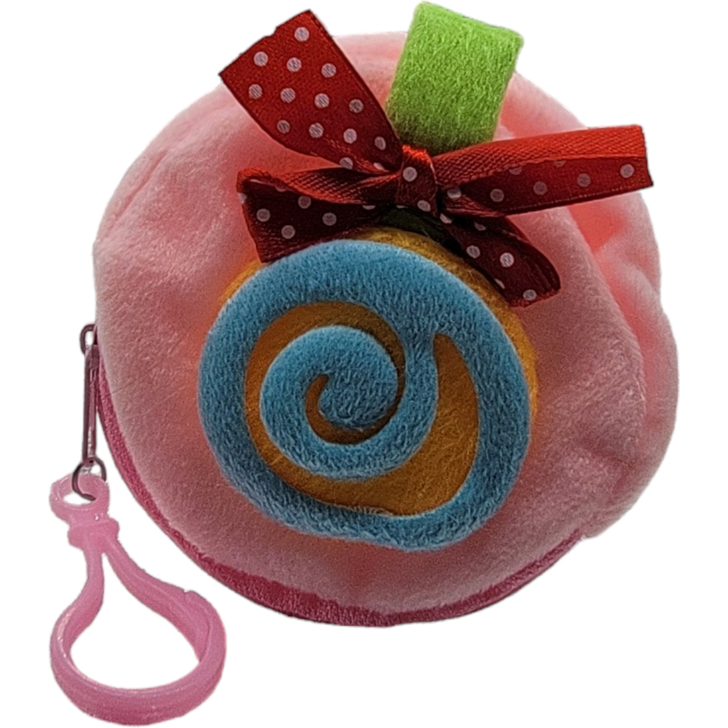 Child small item holder in plush pink fabric with colorful swirl design and red polka dot bow, ideal for storing coins or beads in pretend play.