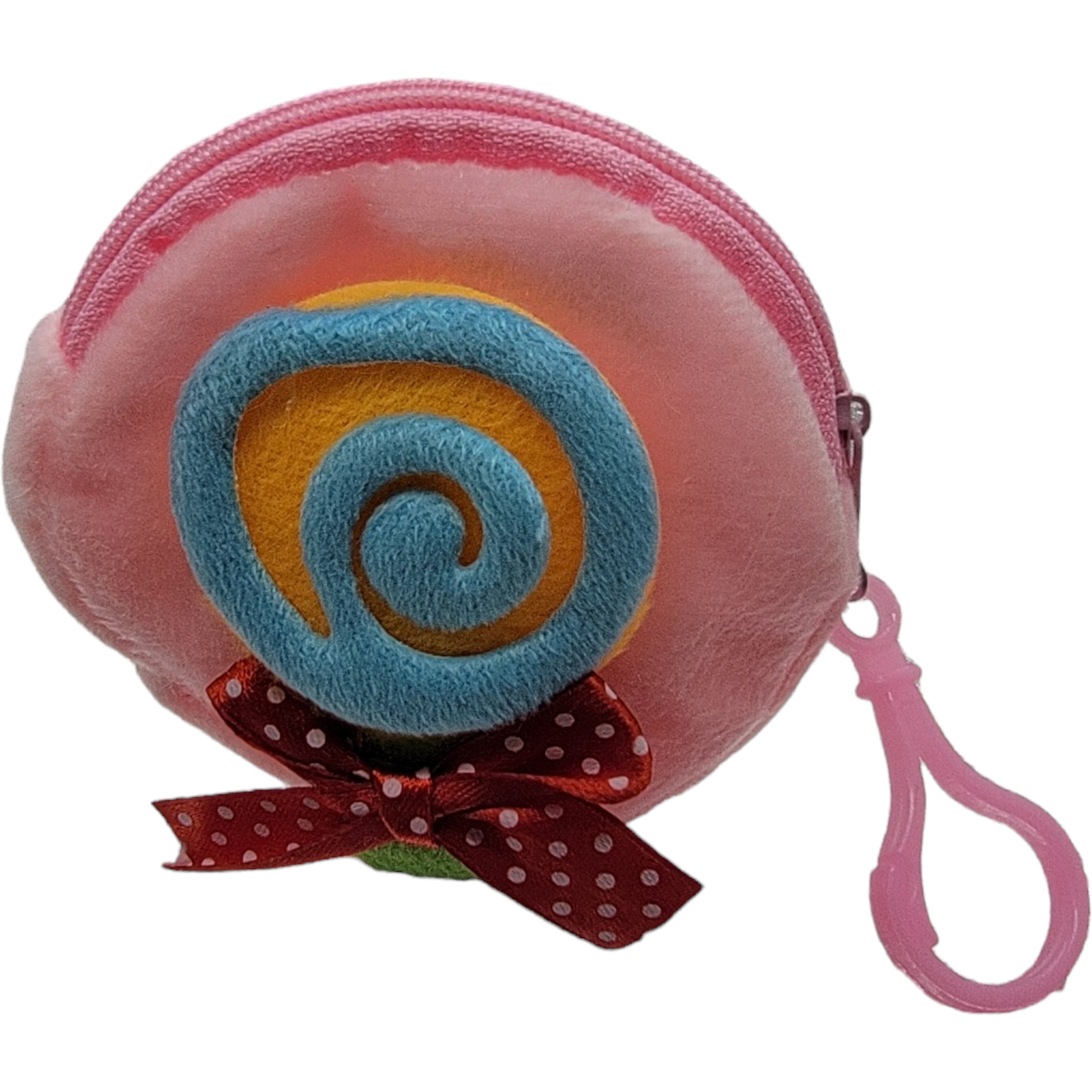 Pink child small item holder with blue and yellow swirl, red bow, and pink clip, designed for kids to store coins or buttons.