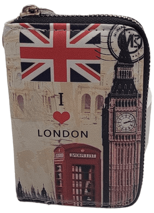 Wallet with London-themed design featuring Union Jack, Big Ben, and red phone booth, and black trim