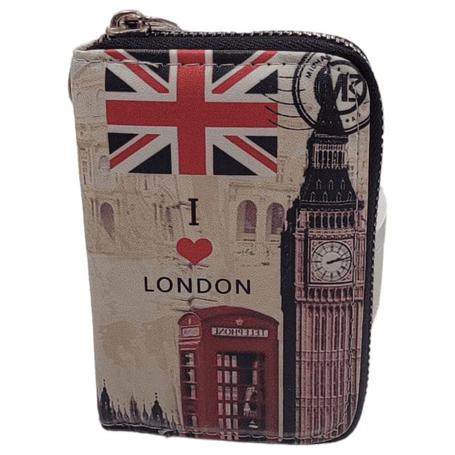 Wallet with London-themed design featuring Union Jack, Big Ben, and red phone booth, and black trim