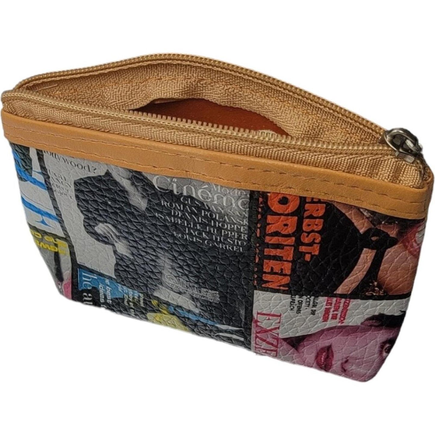 Small Zippered Coin Purse with Magazine Print Design