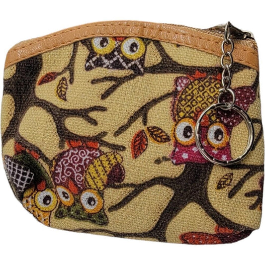 Small Owl Print Canvas Coin Purse with Keychain