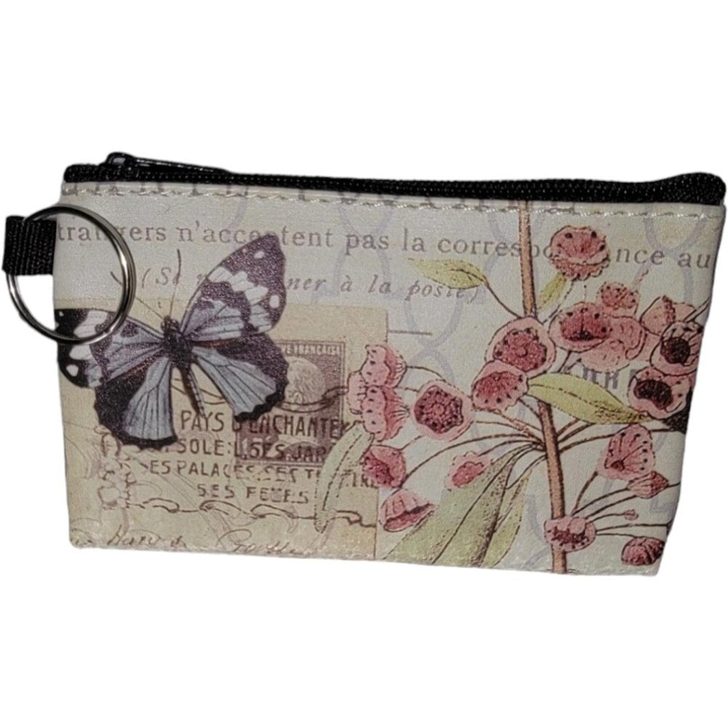 Butterfly and Floral Print Coin Purse with Key Ring