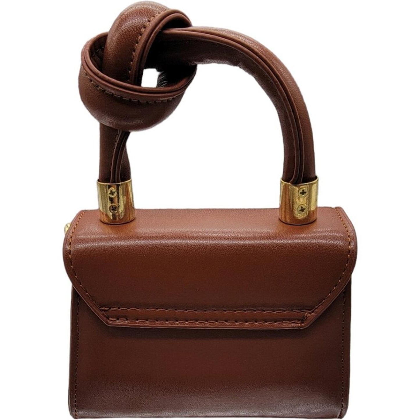 Mini Brown Leather Handbag with Knot Handle and Gold Chain
