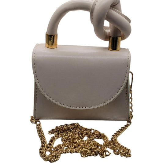 Mini Beige Leather Handbag with Gold Chain Strap