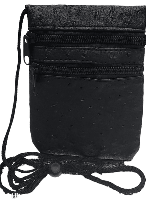 Black textured pouch with zippers and adjustable strap