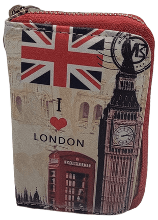 Wallet with London-themed design featuring Union Jack, Big Ben, and red phone booth, and red trim