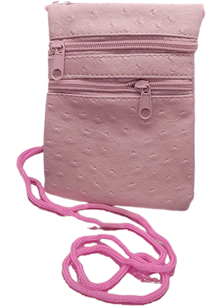 Pink crossbody bag with two zippered pockets and shoulder strap