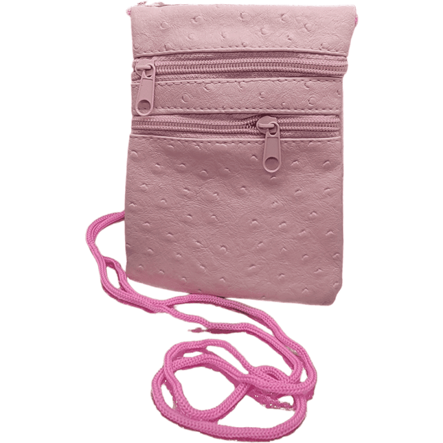 Pink crossbody bag with two zippered pockets and shoulder strap