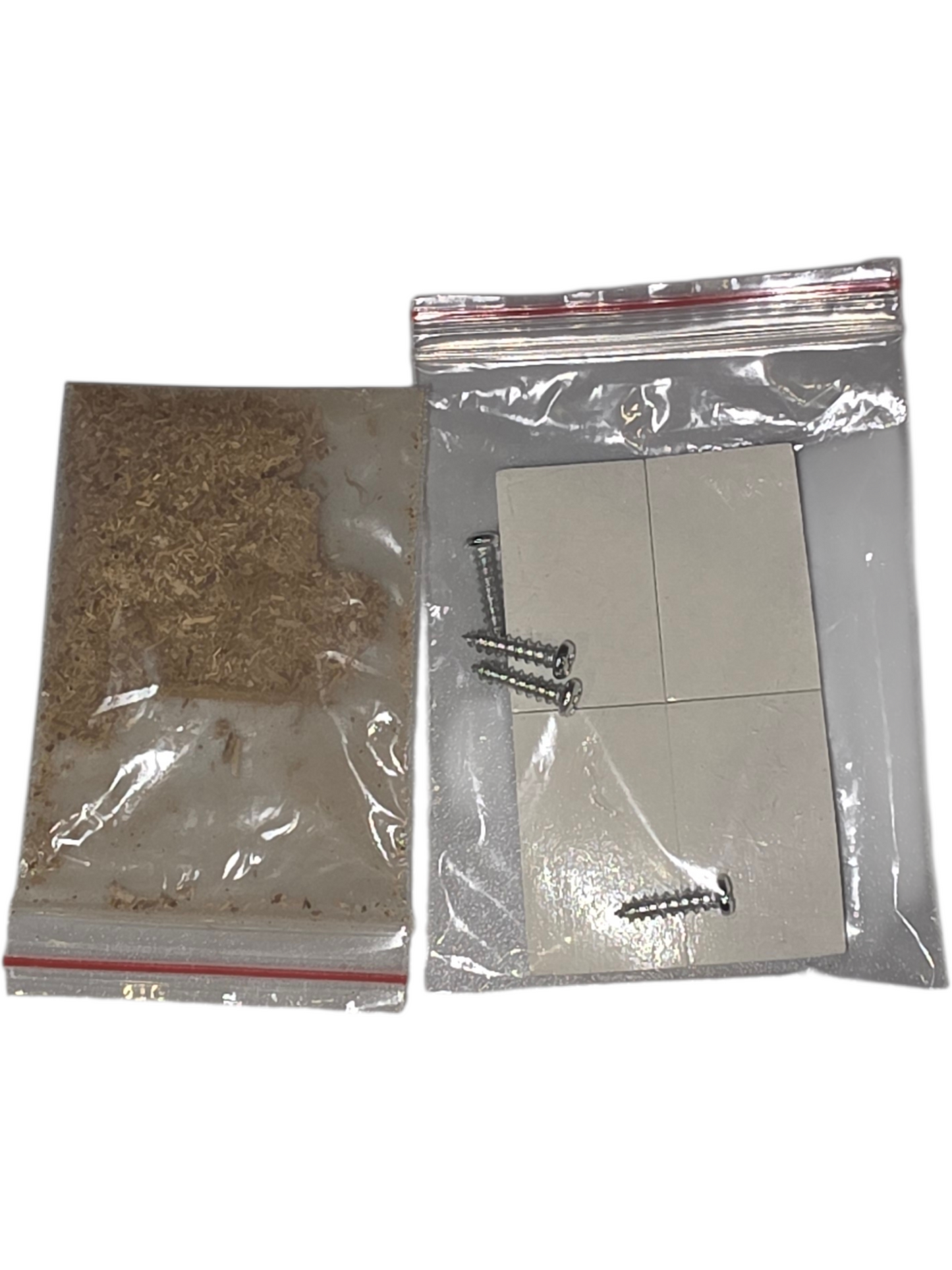 Woodworking repair kit with screws, wood shavings, and adhesive squares for easy repairs.