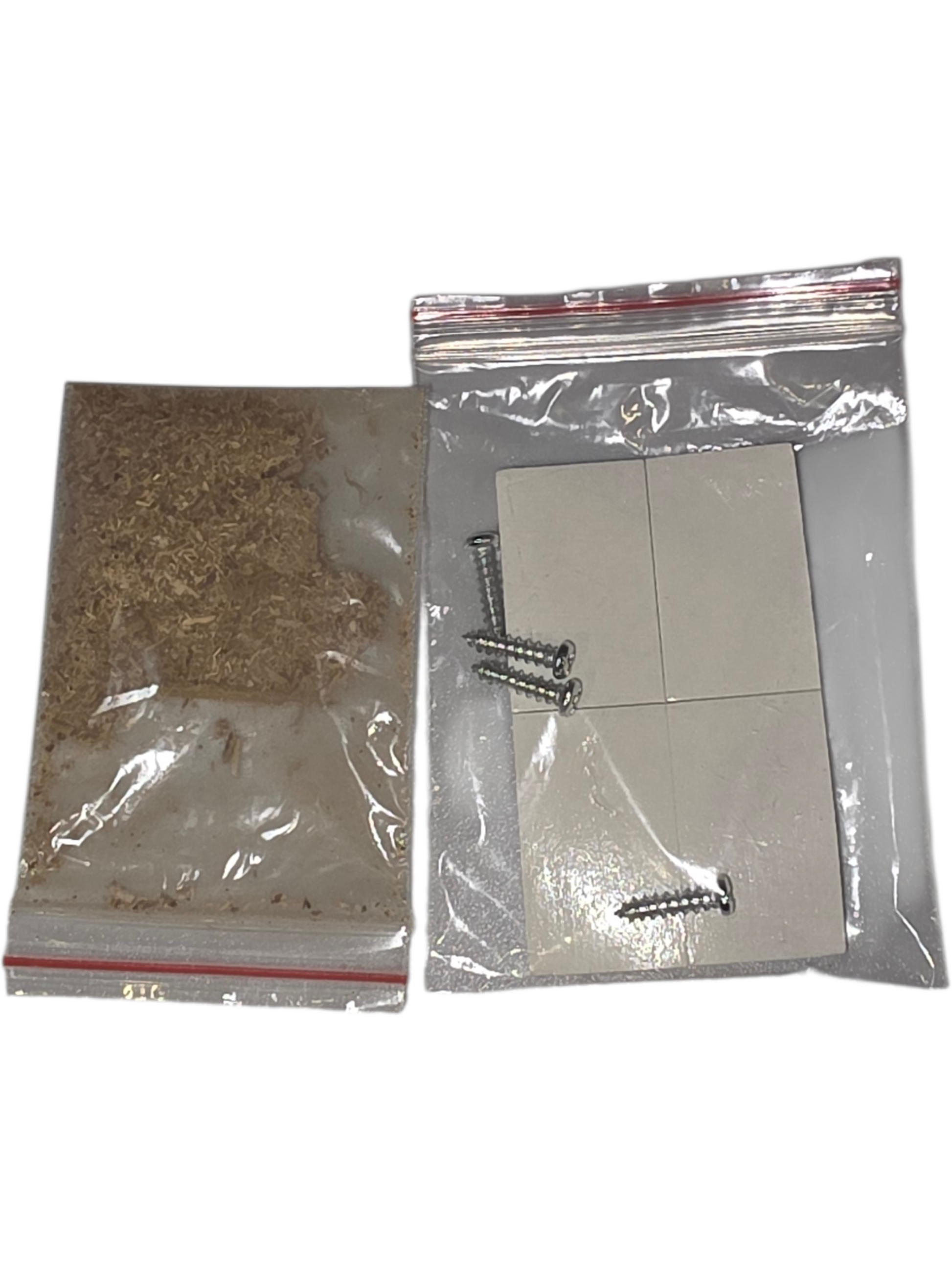 Woodworking repair kit with screws, wood shavings, and adhesive squares for easy repairs.