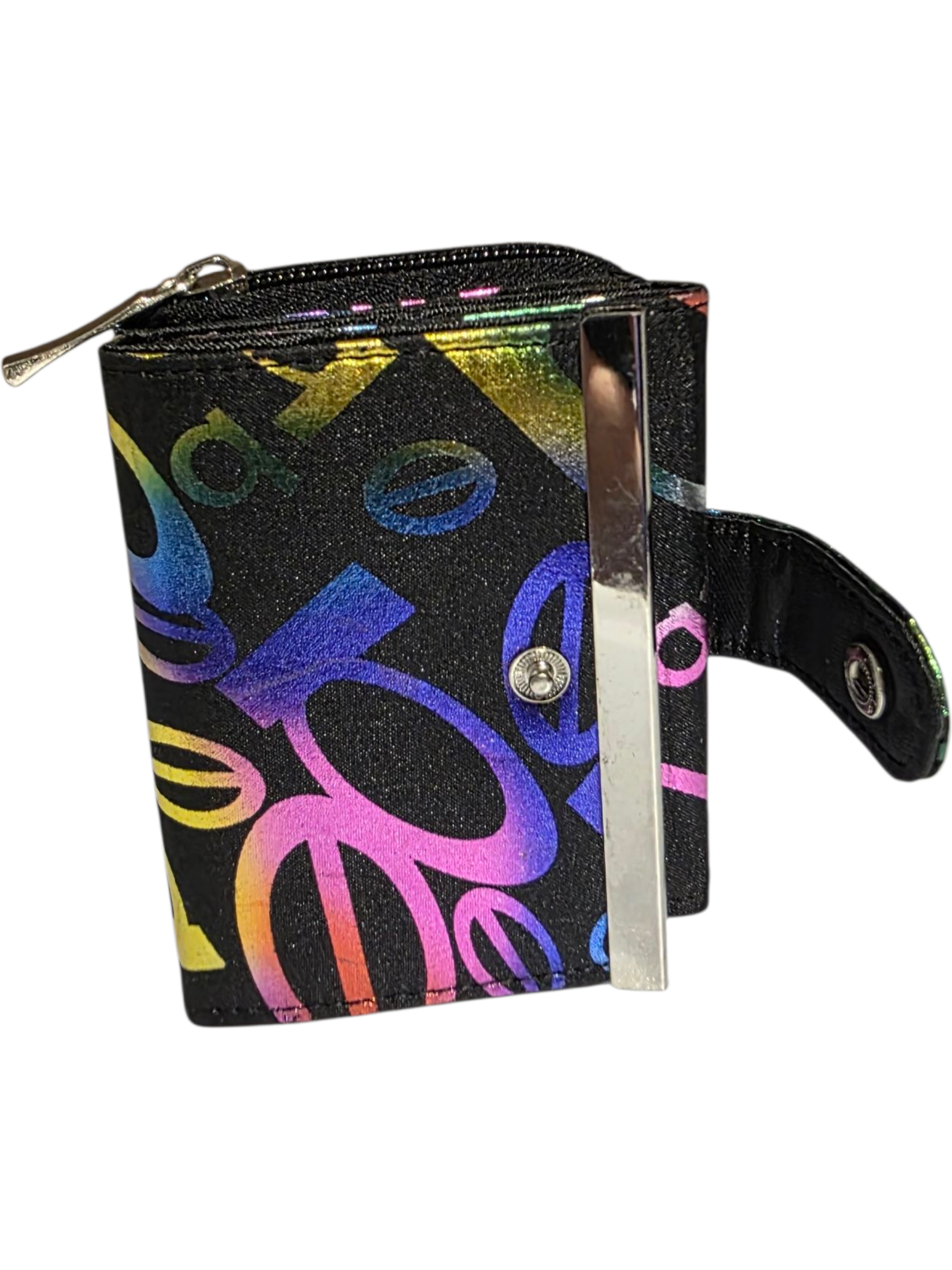 Colorful zip wallet with rainbow patterns on black fabric and silver clasp, perfect for everyday use.