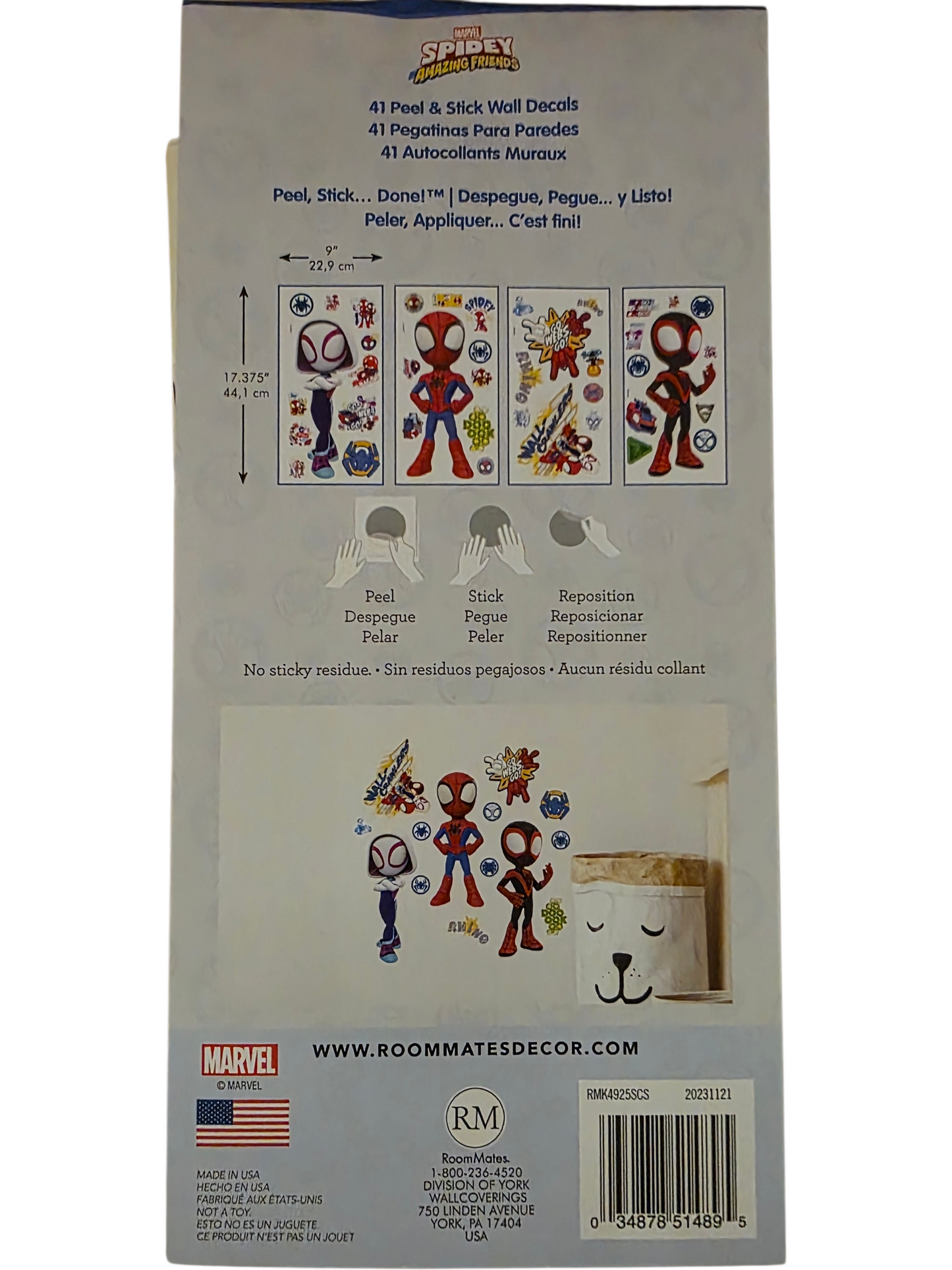 41 peel and stick wall decals featuring Marvel's Spidey and Friends in colorful designs, easy to reposition.