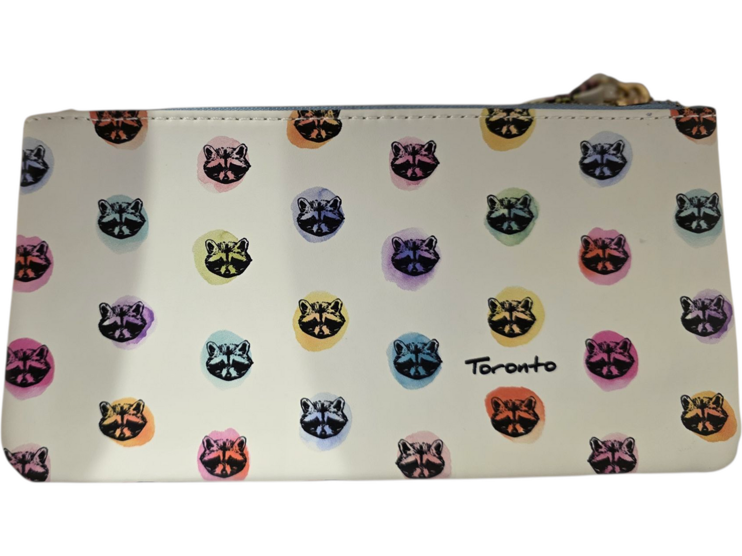 Toronto raccoon print pouch, colorful, durable material, ideal for makeup or travel accessories.