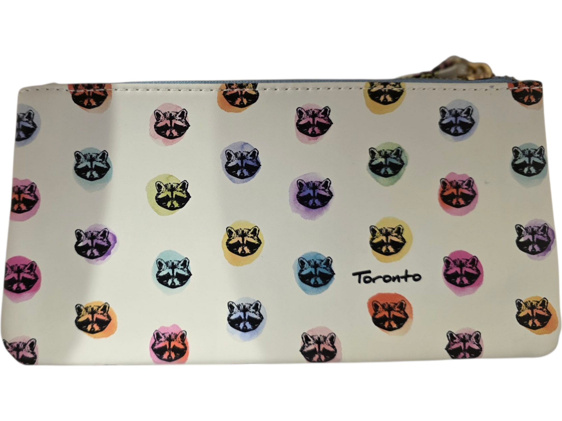 Toronto raccoon print pouch, colorful, durable material, ideal for makeup or travel accessories.