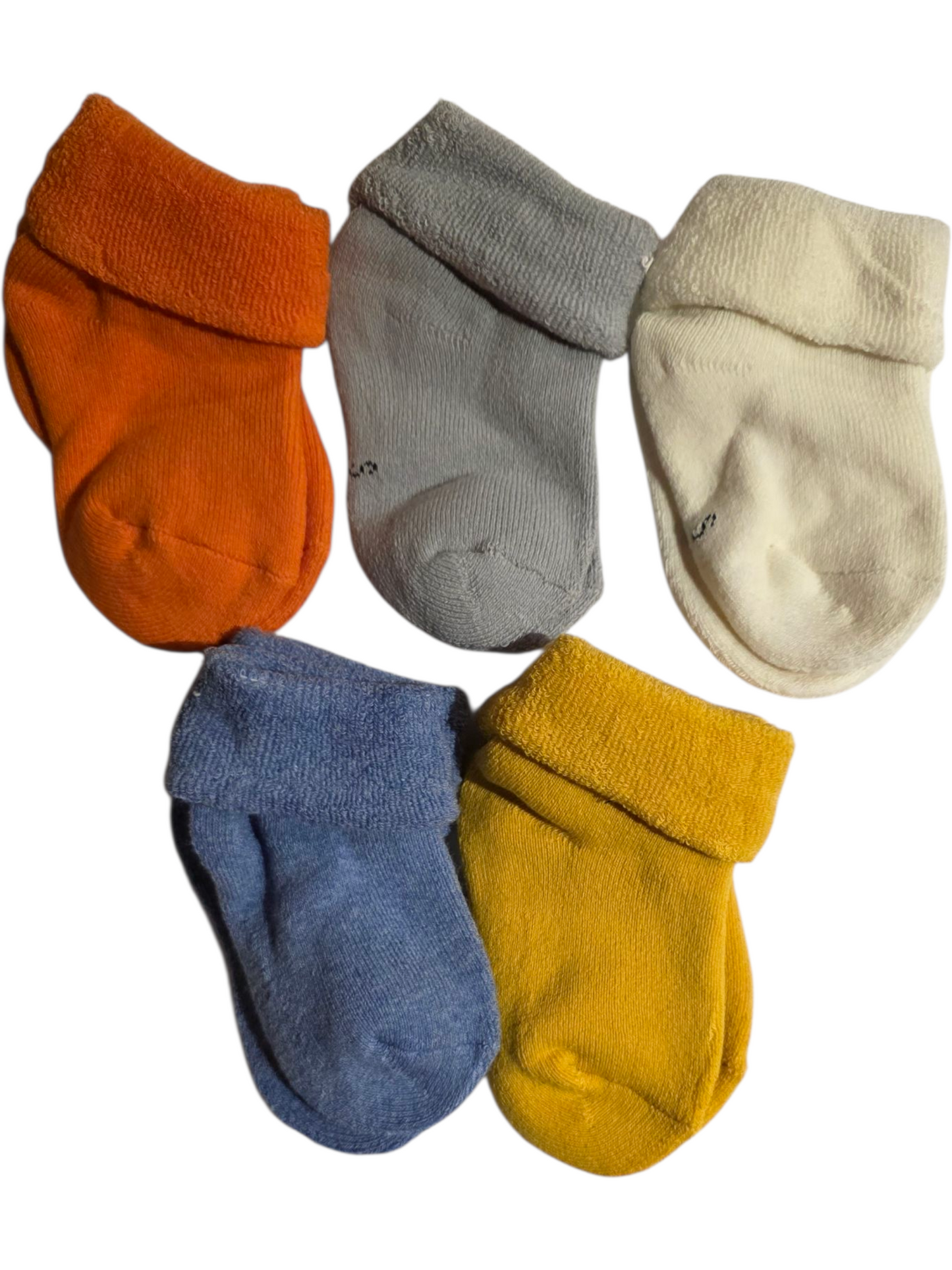 Set of five cozy toddler socks in orange, grey, blue, yellow, and white, made from soft cotton.