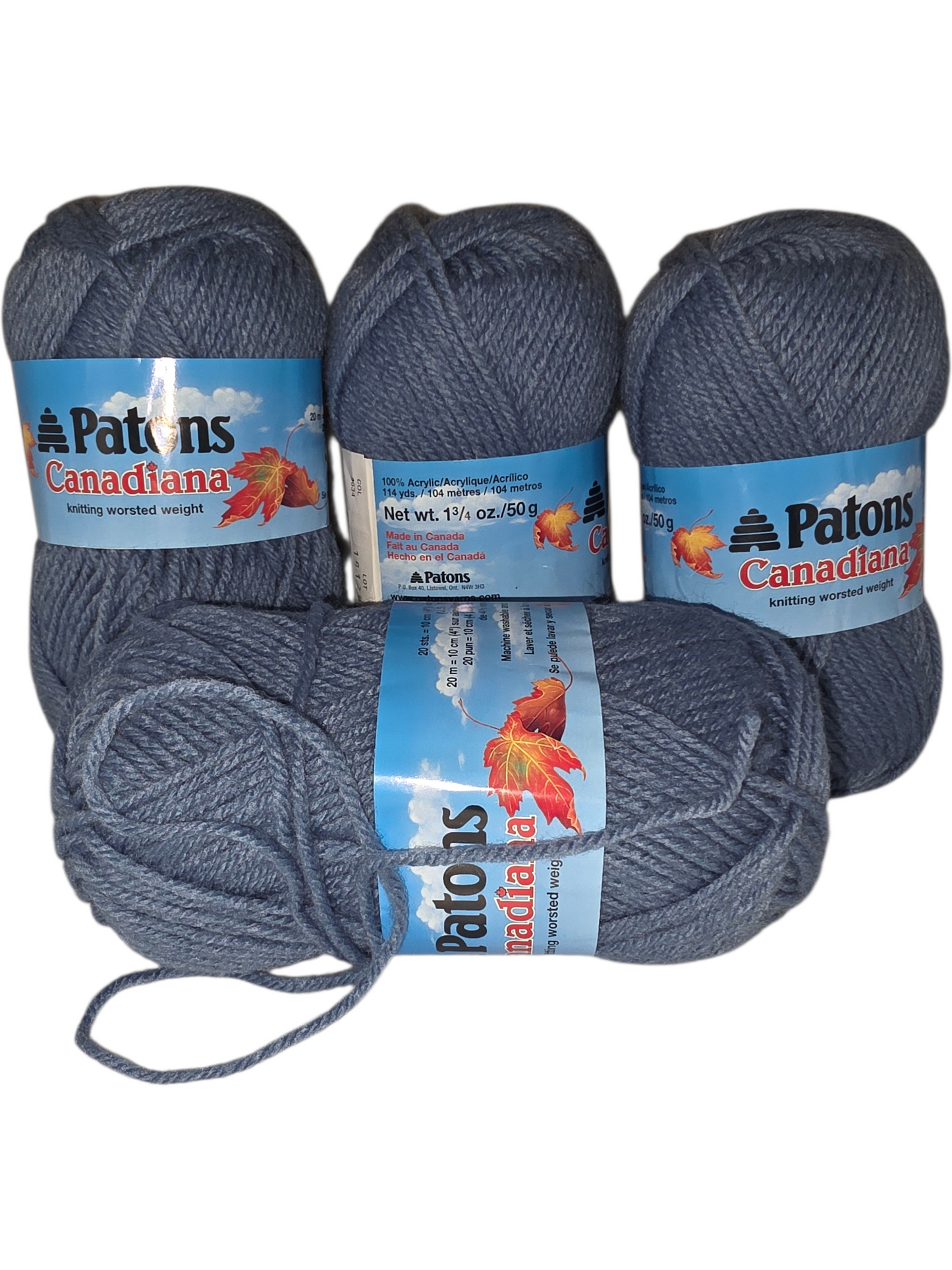Patons Canadiana knitting yarn in blue, 100% acrylic, worsted weight, 114 yards per skein.