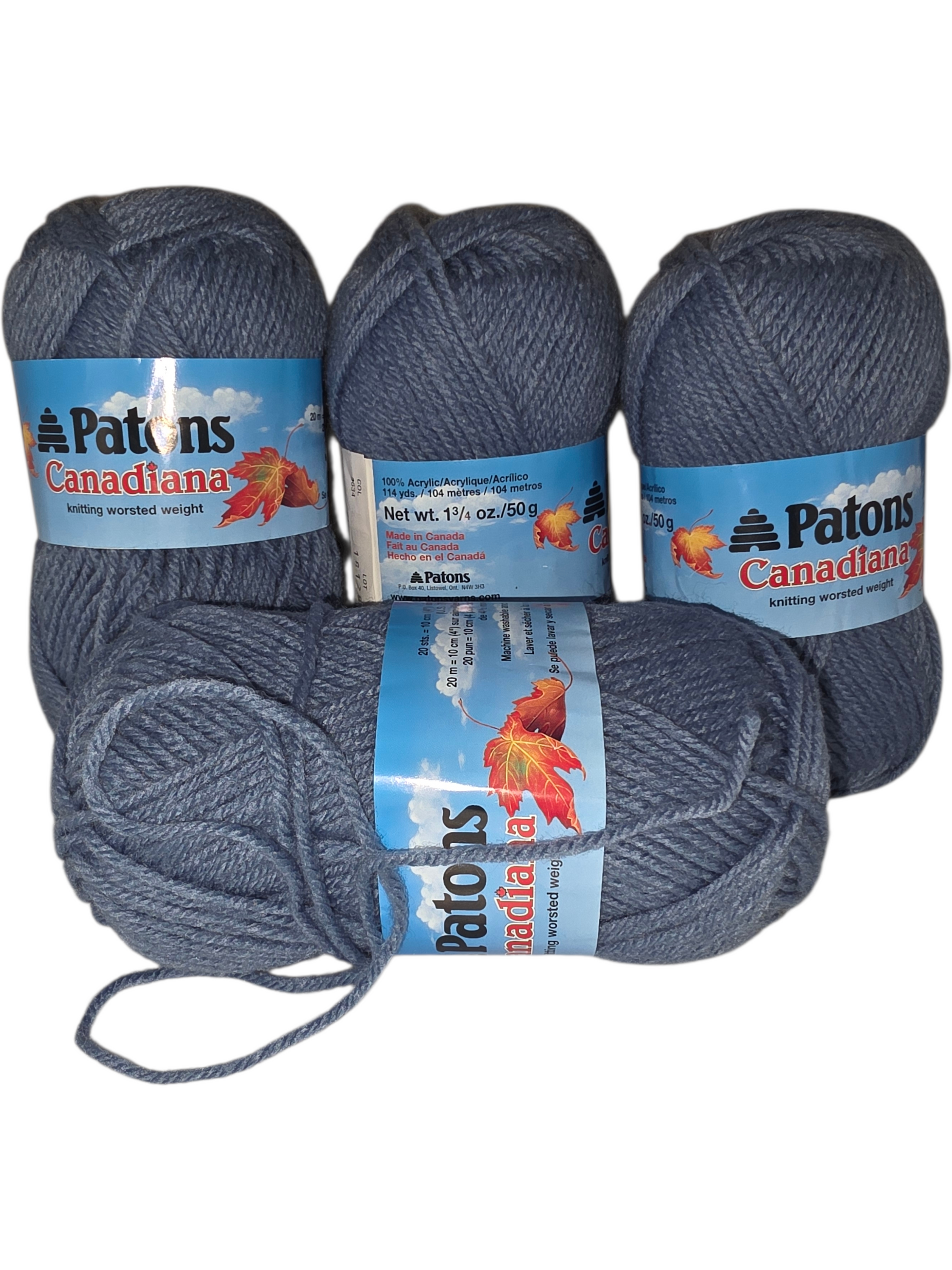 Patons Canadiana knitting yarn in blue, 100% acrylic, worsted weight, 114 yards per skein.
