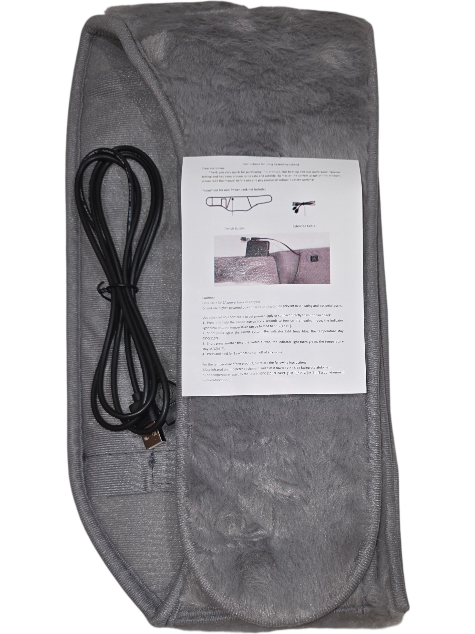 Gray heated blanket with USB connection, soft plush material, featuring user instructions and switch button.