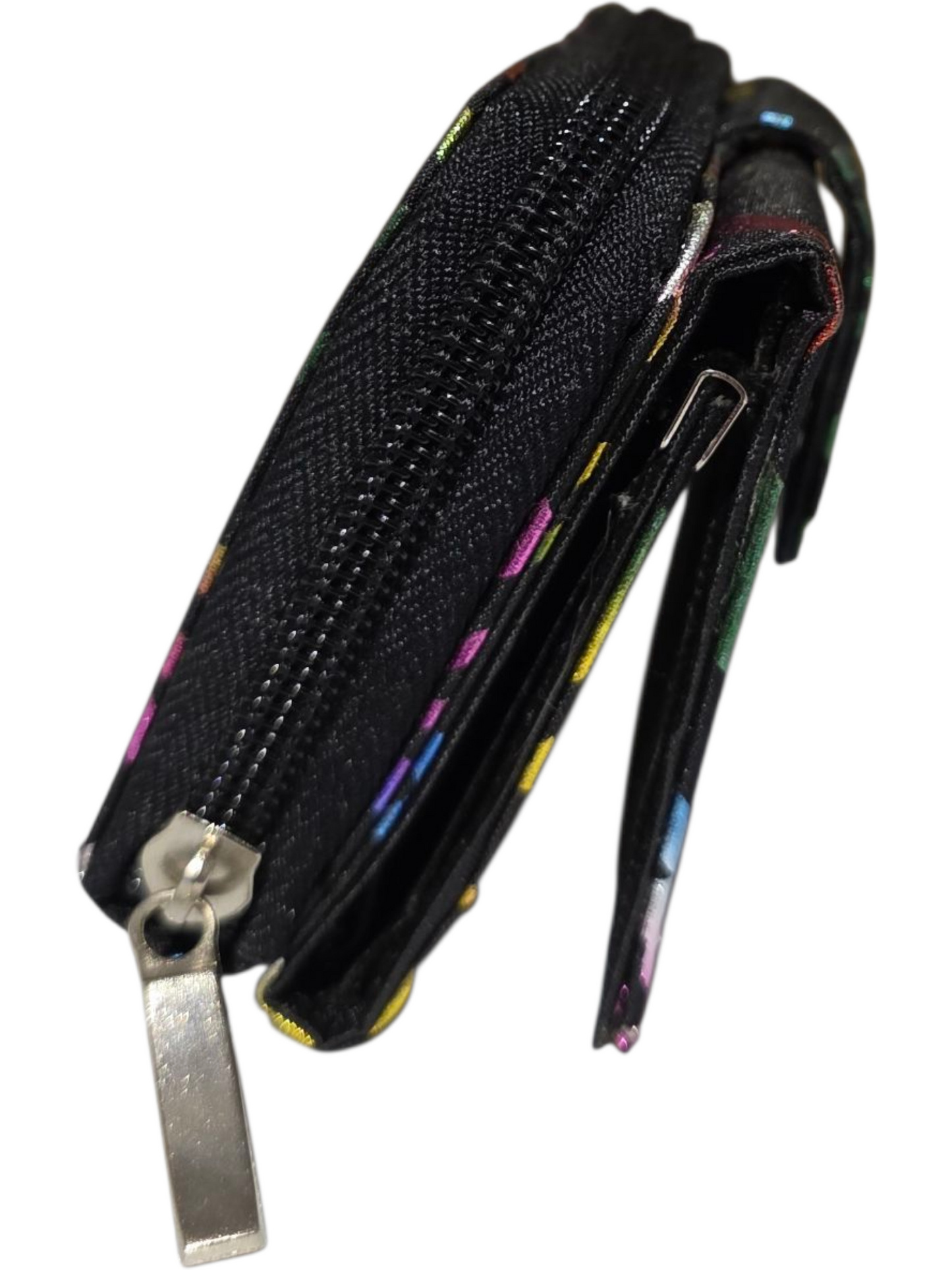 Colorful patterned black wallet with zip closure and multiple card slots, ideal for everyday use.
