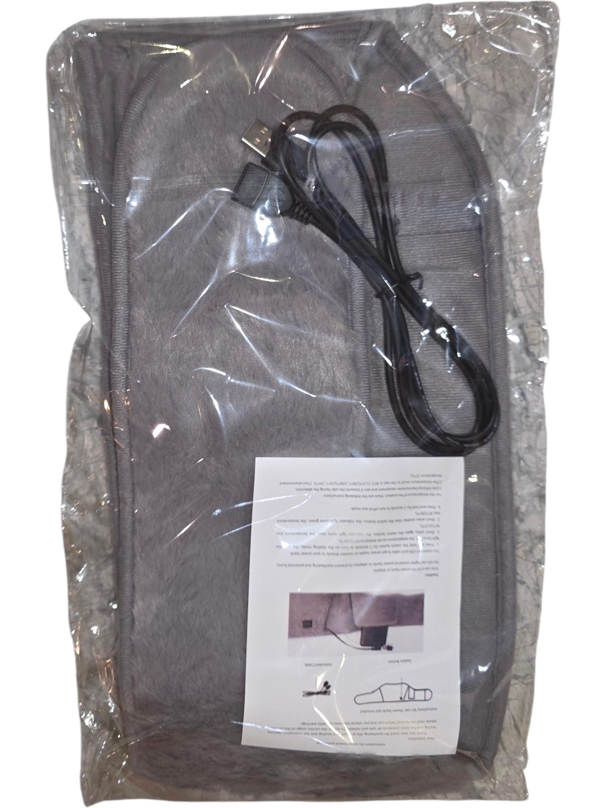 Gray plush heating pad with USB cord for soothing warmth and comfort, ideal for relaxation and muscle relief.