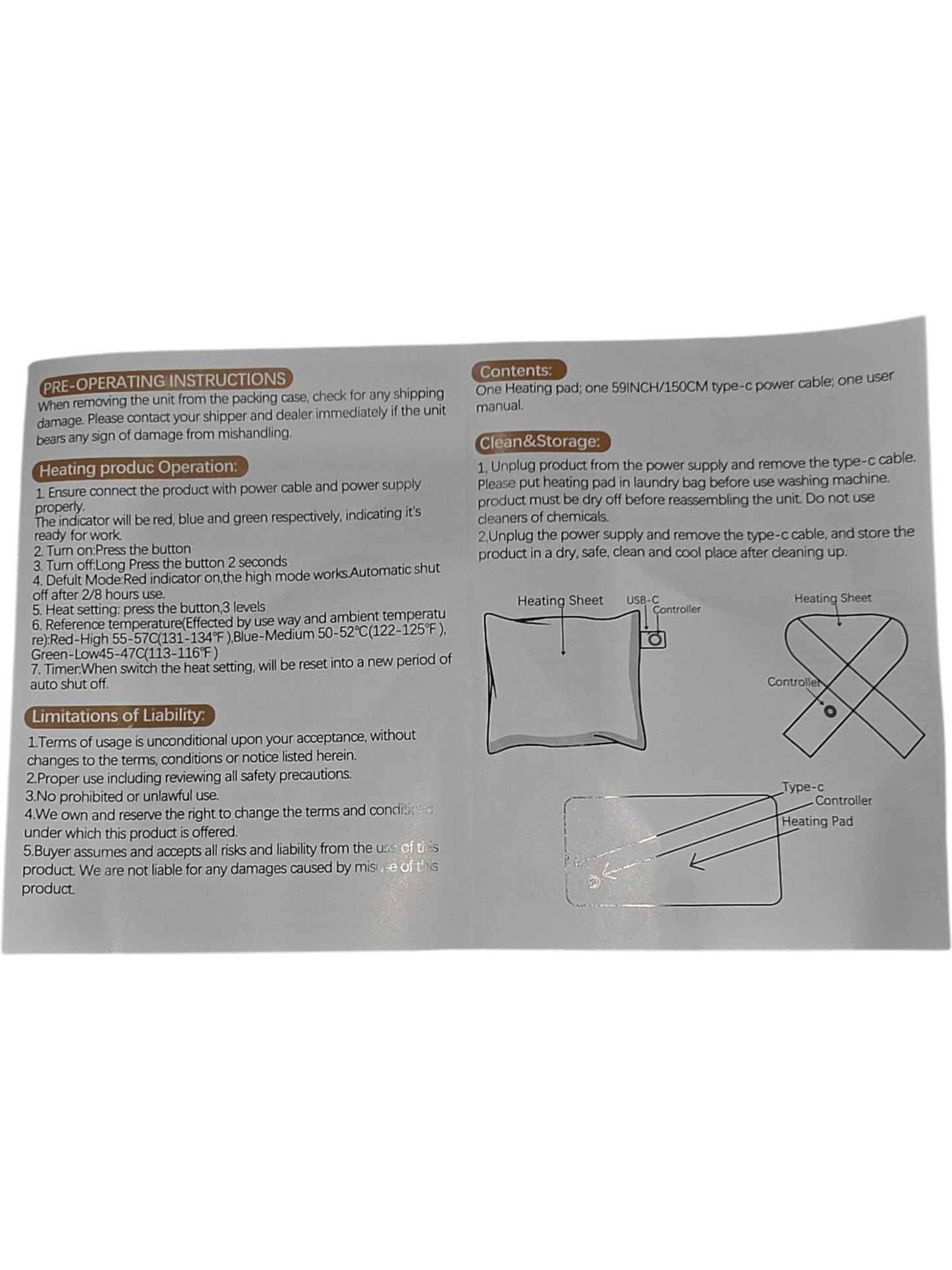 Heating pad with USB-C, 59-inch power cable, adjustable settings, and safety features.