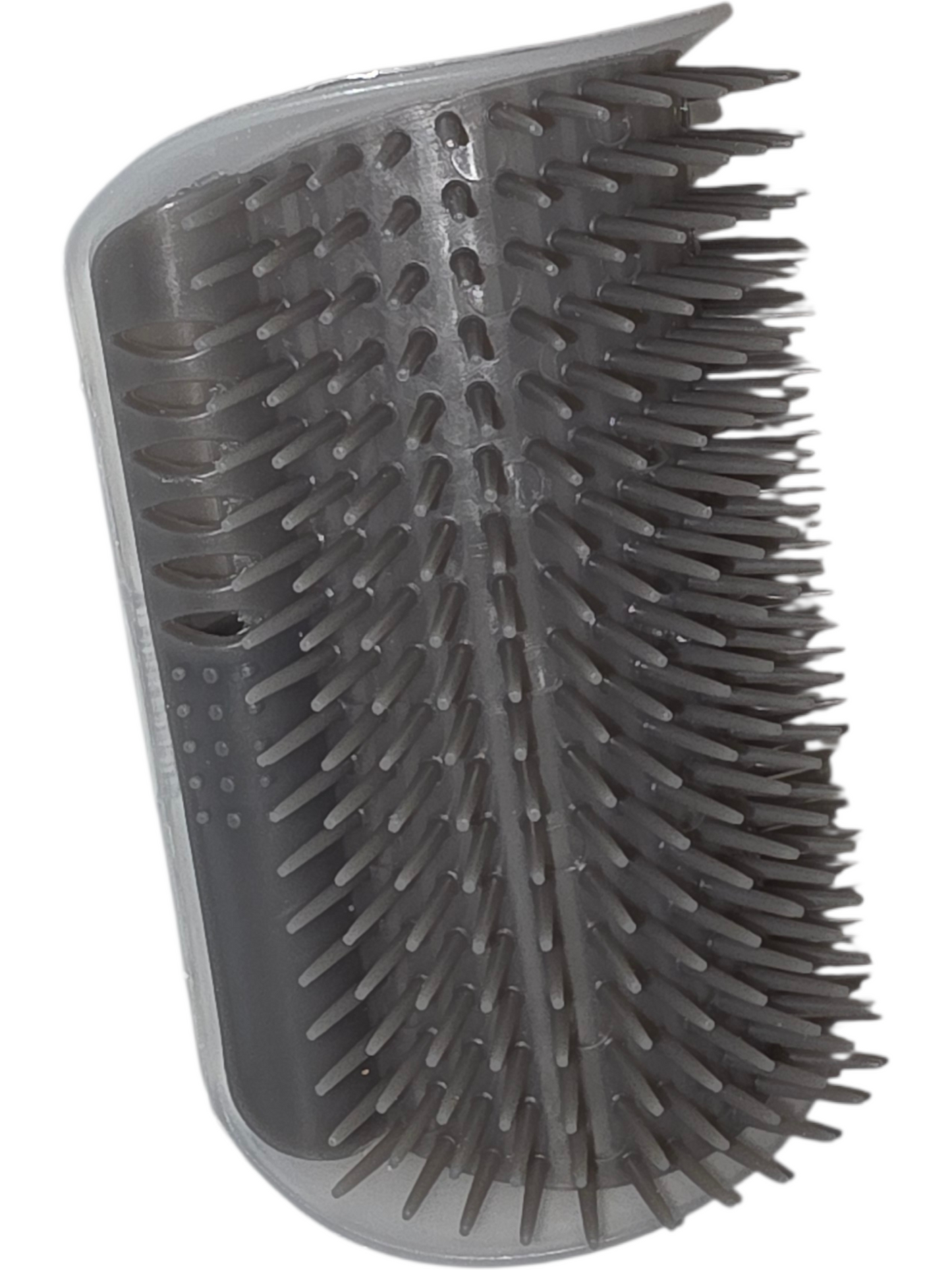 Flexible gray hairbrush with soft bristles for gentle detangling and scalp massage.
