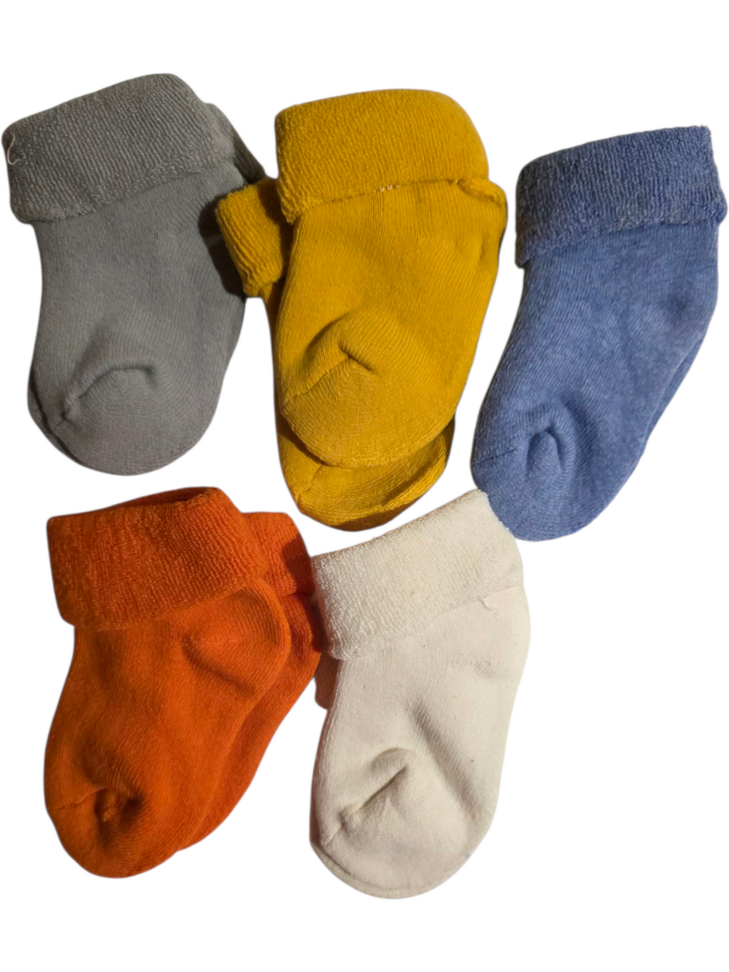 Set of five baby socks in colors: gray, yellow, blue, orange, and white. Soft cotton knit for comfort.