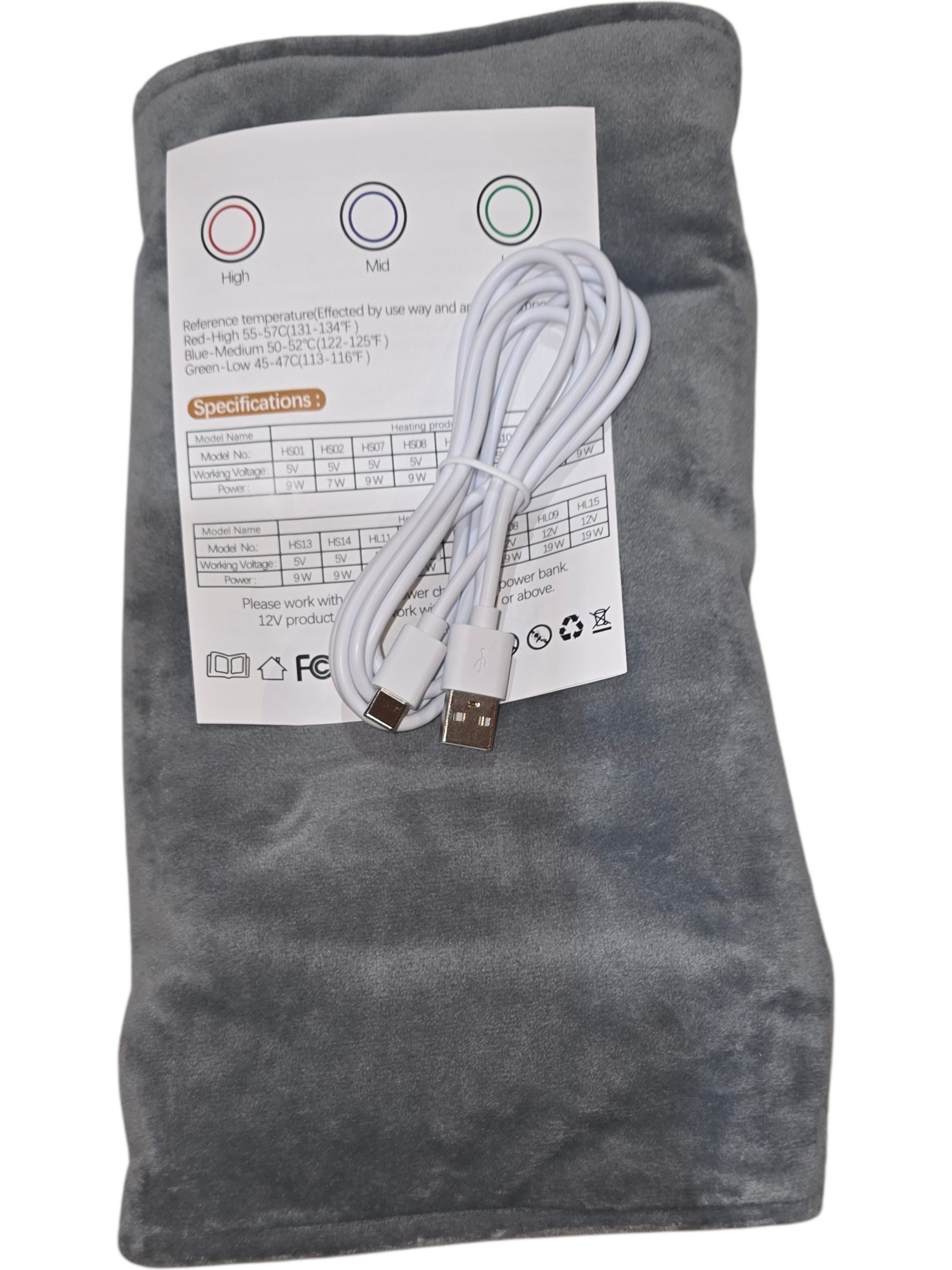 Gray electric heating blanket with USB cable, adjustable heat settings for optimal comfort.