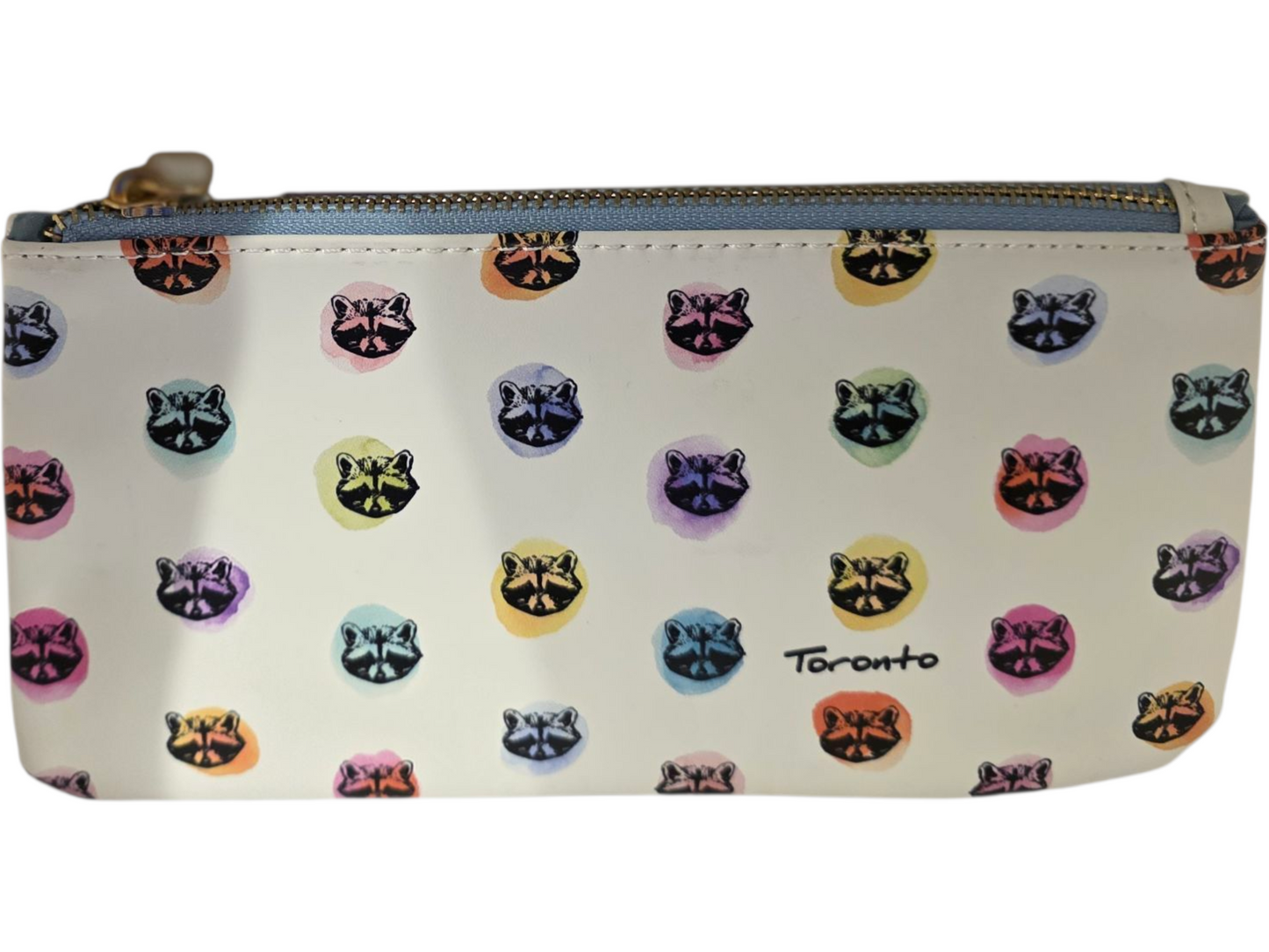 White zip pouch with colorful raccoon prints, perfect for accessories and cosmetics.