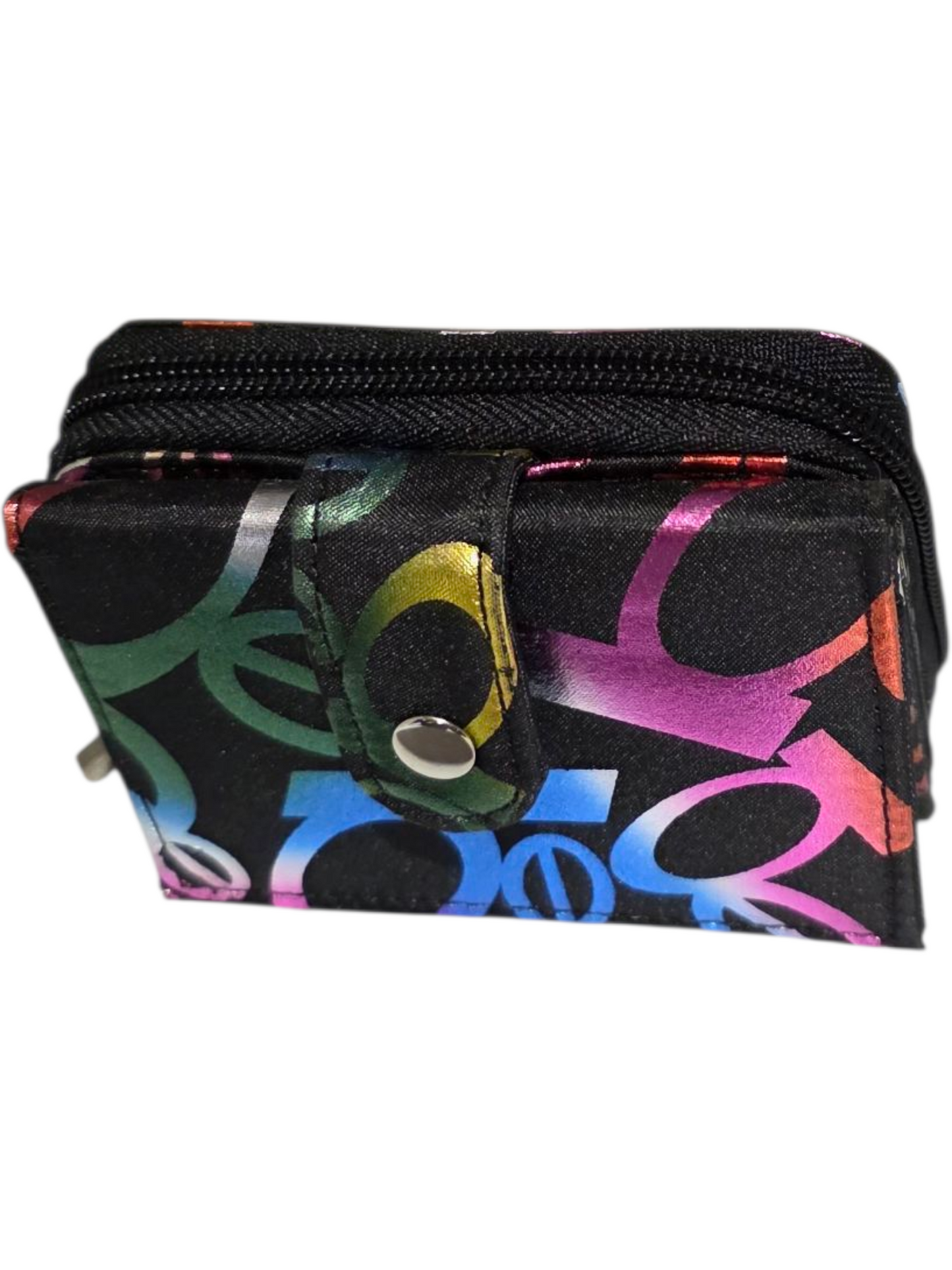 Colorful wallet featuring gender symbols, black fabric with vibrant patterns, zip closure for easy access.