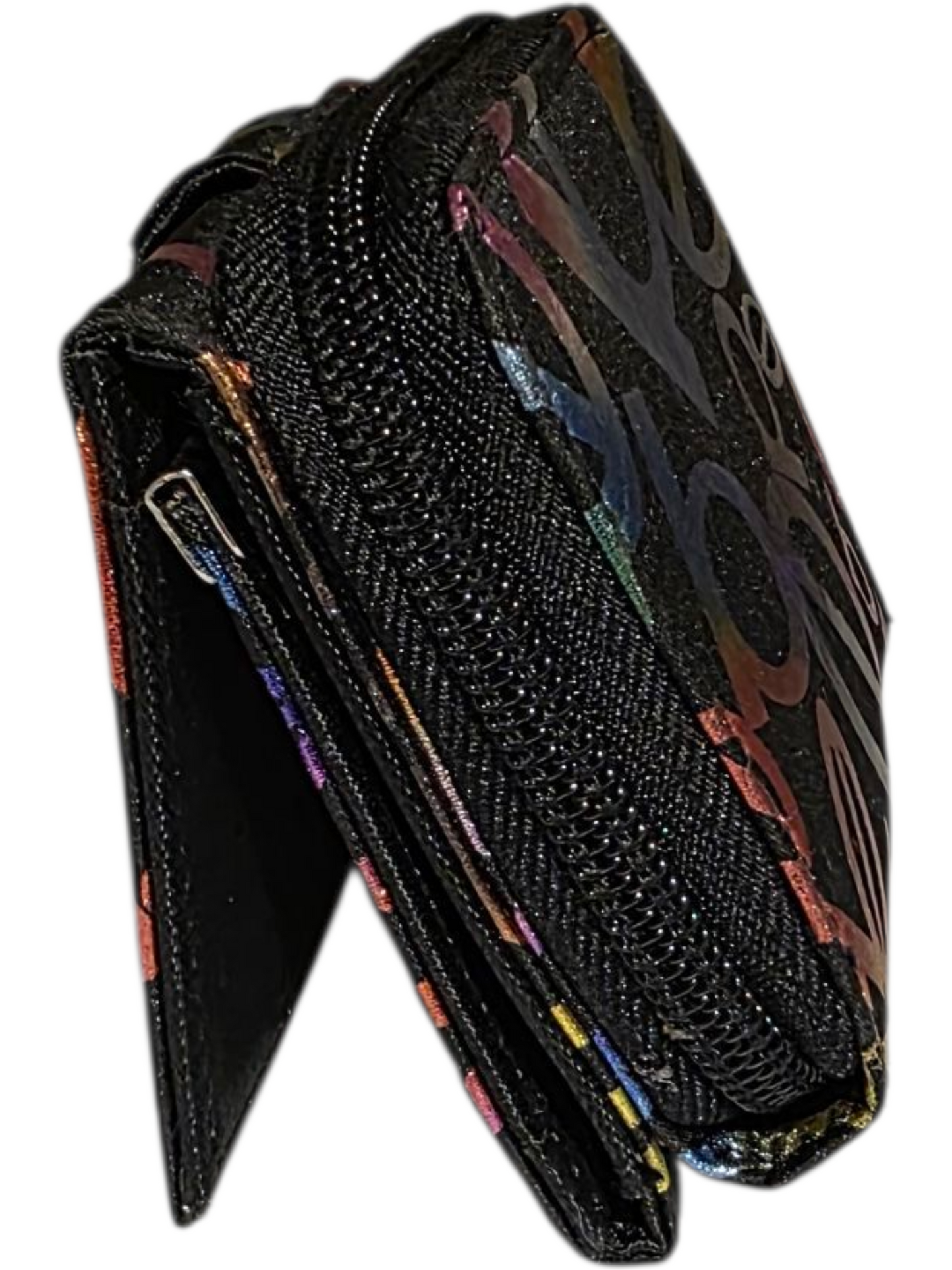 Stylish black wallet with colorful design, made from durable material, featuring a secure zipper closure.