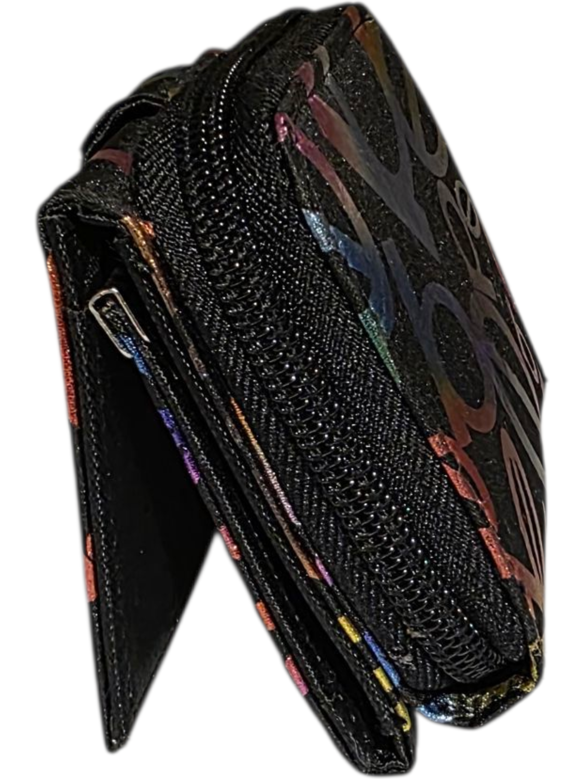 Stylish black wallet with colorful design, made from durable material, featuring a secure zipper closure.