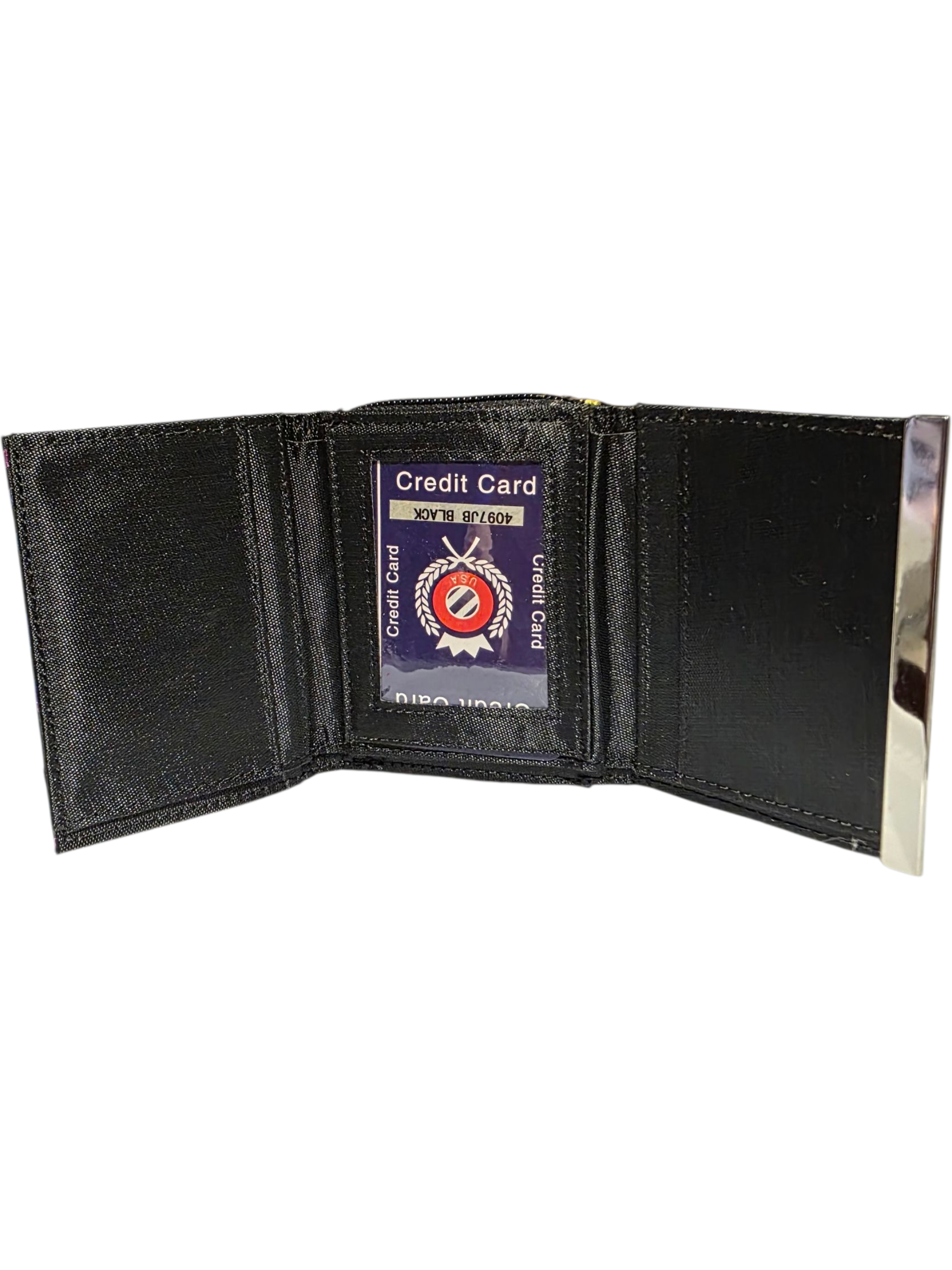 Black leather wallet with credit card slots and ID window, perfect for daily use and organization.