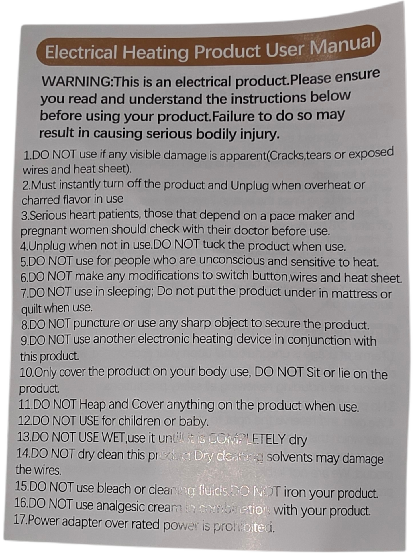 Electrical heating product user manual with safety instructions and warnings for electric blanket use.