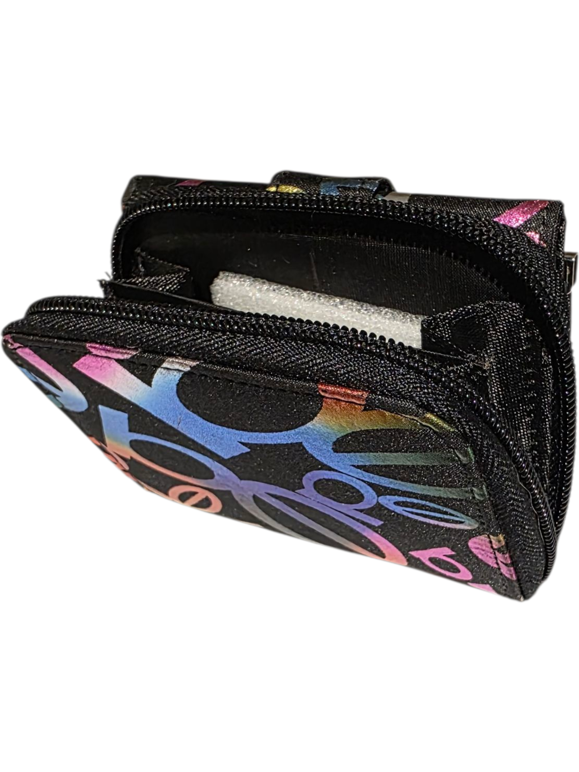 Colorful zippered wallet in black, featuring vibrant abstract patterns and multiple compartments for cards.
