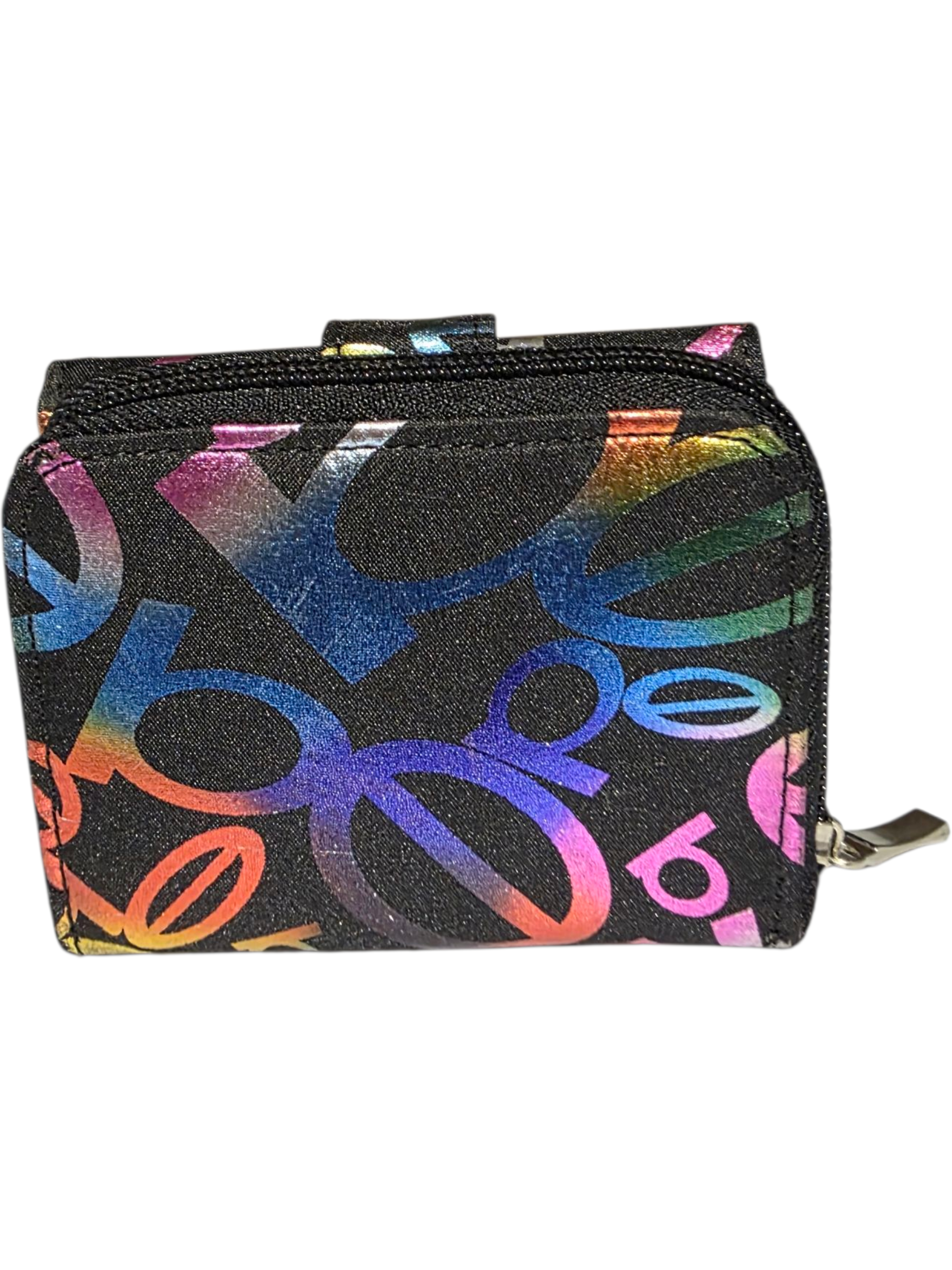 Colorful patterned wallet featuring a zip closure, made from durable fabric, perfect for everyday use.