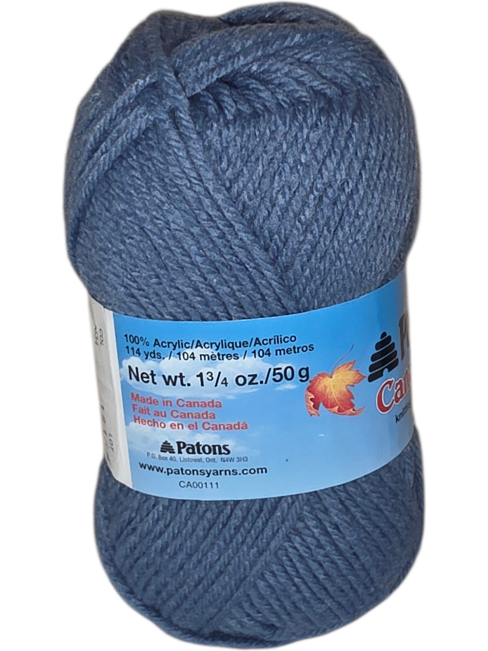 Patons blue yarn, 100% acrylic, 114 yds, 50 g, perfect for knitting and crochet projects.
