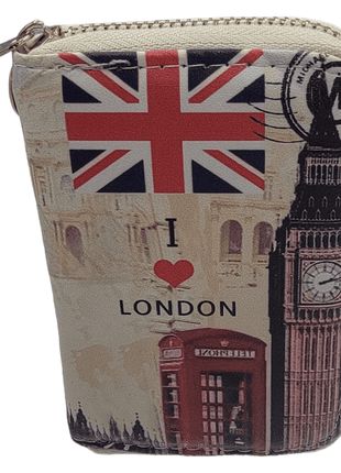 Wallet with London-themed design featuring Union Jack, Big Ben, and red phone booth, and white trim